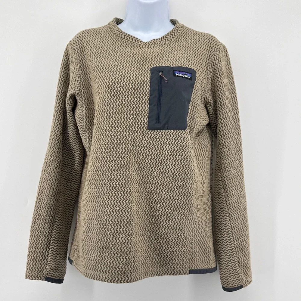 Patagonia R1 Air Crew Fleece Pullover Small Mens Oar Tan Zigzag Grid 40235